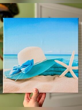 Nautical Beach Starfish Sun Hat Turquoise Beach Wall Art Canvas - Home Accents